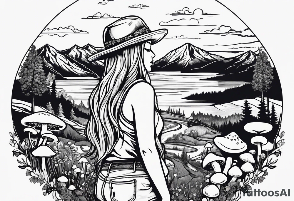 Straight long blonde hair hippie girl in distance holding mushrooms in hand facing away toward mountains and creek surrounded by mushrooms tee shirt and hiking pants tattoo idea