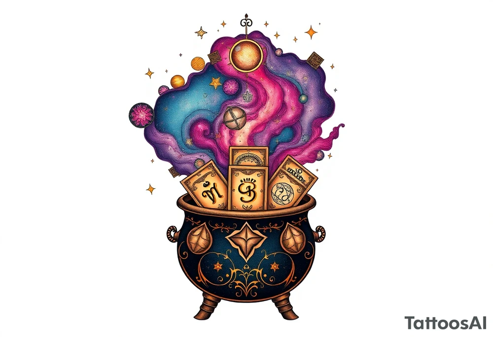 Milky way galaxy filled with zodiac symbols runes tarot cards coming out of a cauldron tattoo idea