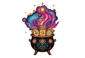 Milky way galaxy filled with zodiac symbols runes tarot cards coming out of a cauldron tattoo idea