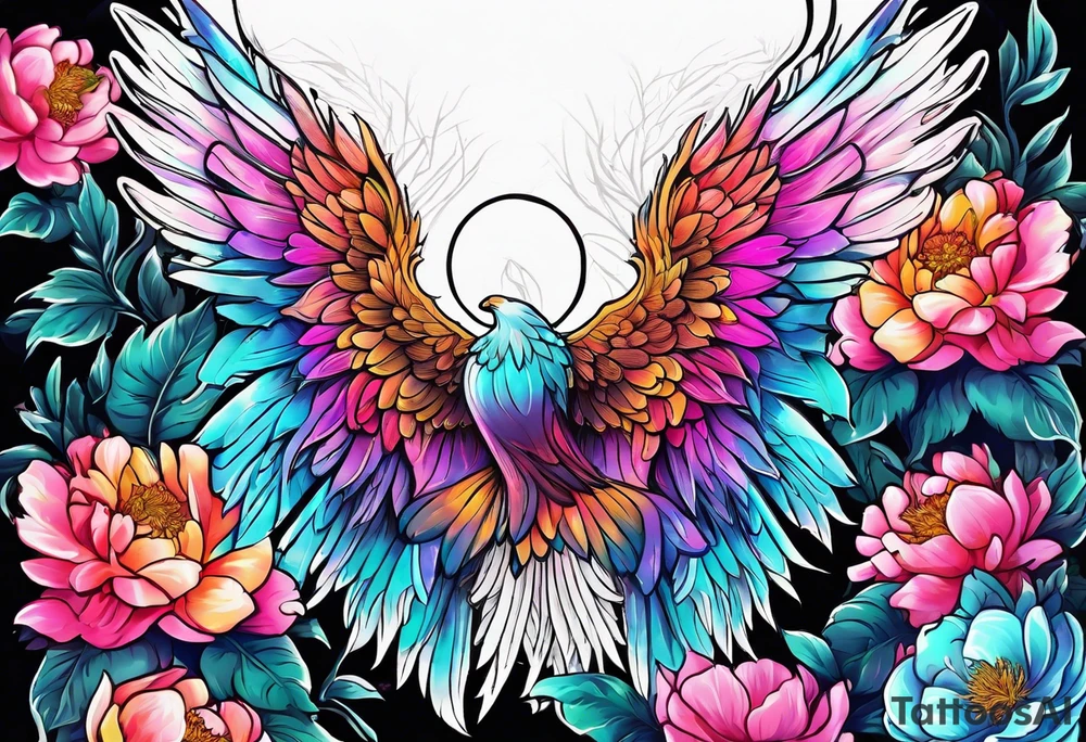 beautiful colorful neon angel wings, surrounded by beautiful peonies, new school style, streetwear, urban wear, white background tattoo idea
