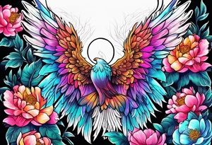 beautiful colorful neon angel wings, surrounded by beautiful peonies, new school style, streetwear, urban wear, white background tattoo idea