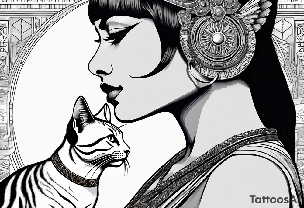 Side profile of cleopatra with short hair and cat tattoo idea