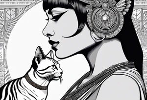 Side profile of cleopatra with short hair and cat tattoo idea