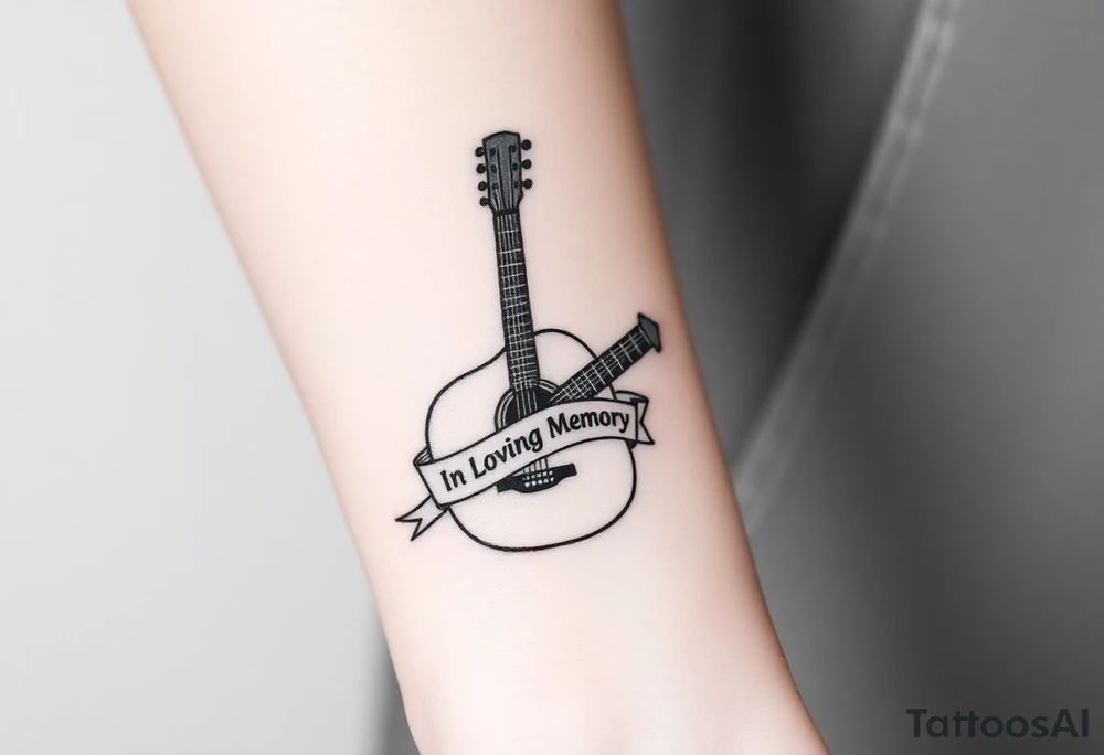 Accustic Guitar with ribbon wrapped around with In Loving Memory tattoo idea