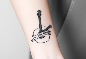 Accustic Guitar with ribbon wrapped around with In Loving Memory tattoo idea