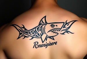 hammer head shark with Rangiroa text on the back tattoo idea