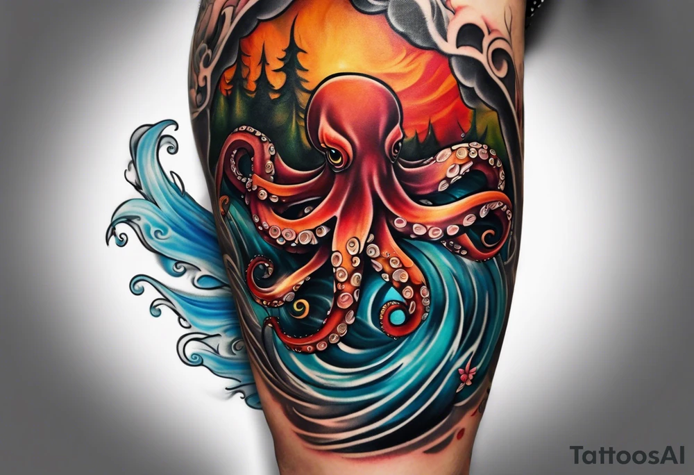 abstract left thigh tattoo with a large octopus in water swirls wrapping around rocks, a rose, in fall colors with some small leaves and fall elements tattoo idea