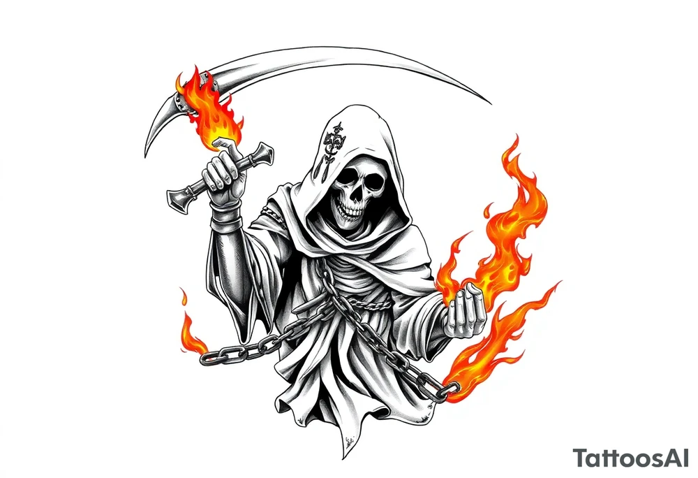 Grim reaper on fire with chain tattoo idea