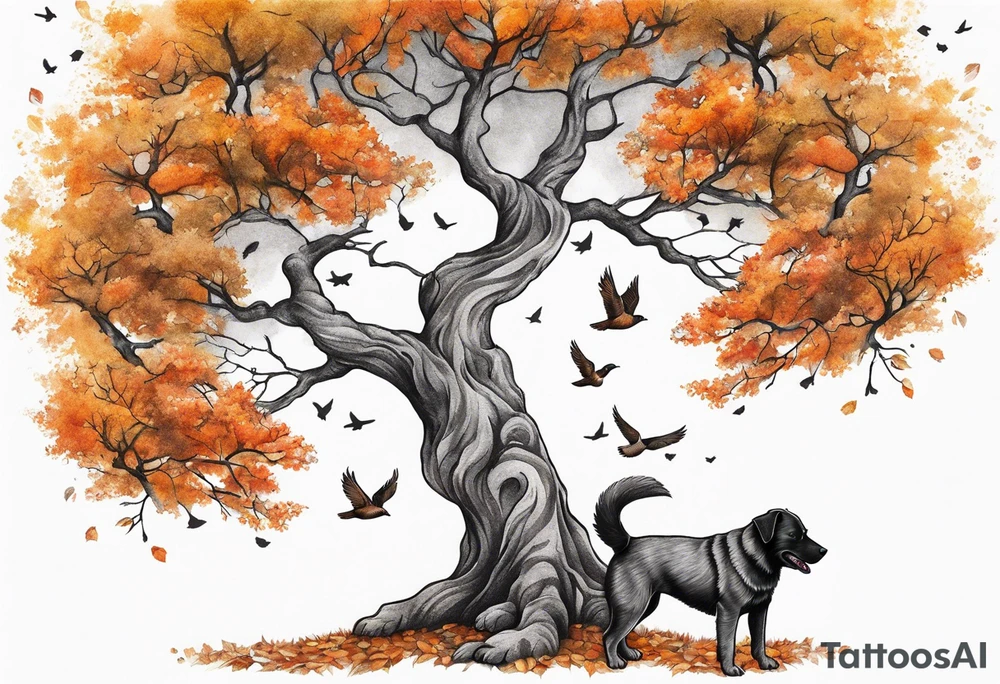 Autumn tree with medium grey brindle dog sitting to the right looking up at it and birds flying out the top of it tattoo idea