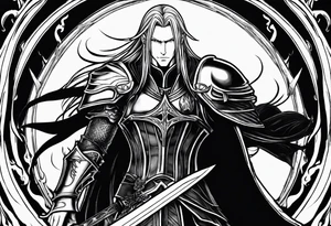 Sephiroth surrounded by flames with his sword and full armour tattoo idea