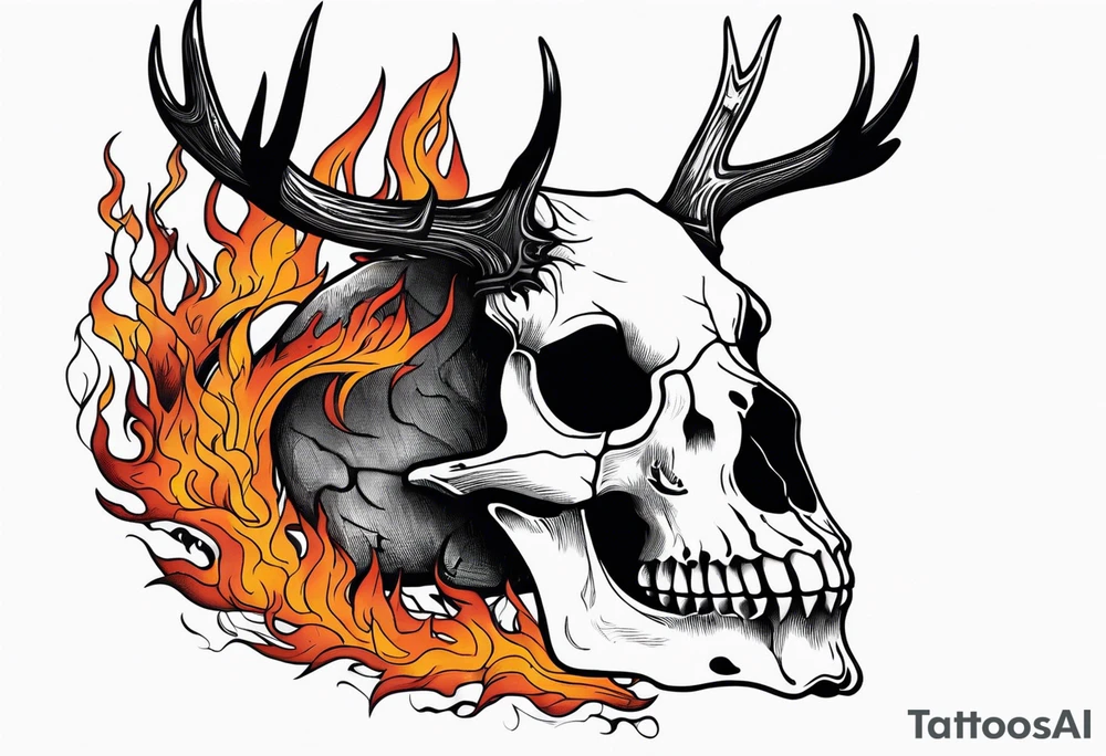 Halloween side profile of a DECAYING deer skull JUST BONE surrounded by a flames and trees in background tattoo idea