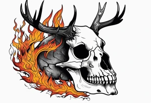 Halloween side profile of a DECAYING deer skull JUST BONE surrounded by a flames and trees in background tattoo idea
