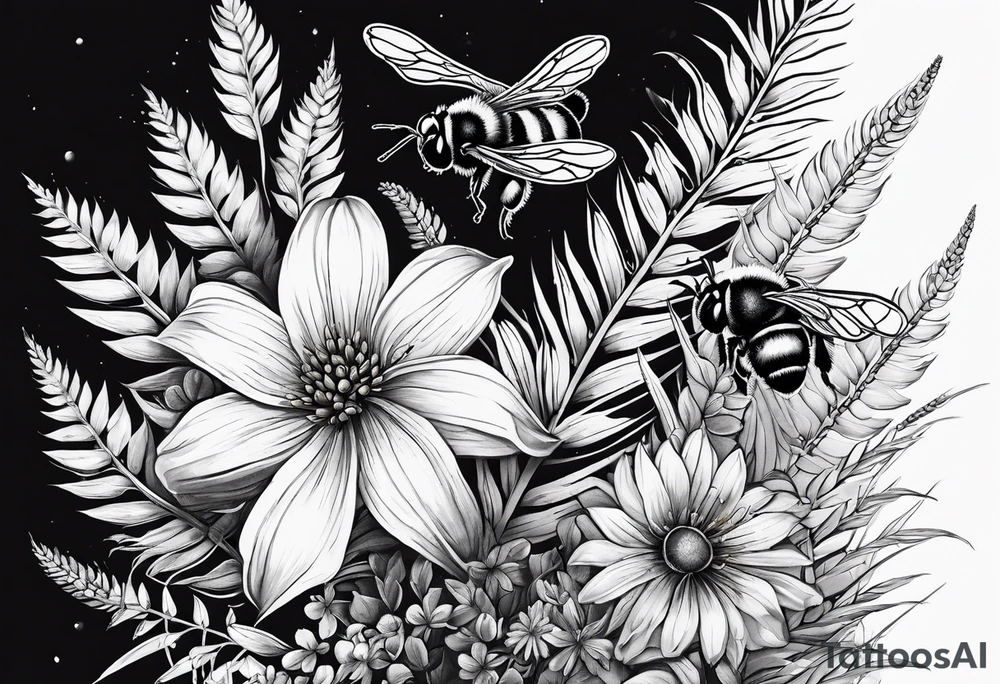 Half sleeve with crisanthium, ferns, leaves, wheat and complimentary flowers with small bees tattoo idea