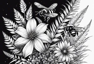 Half sleeve with crisanthium, ferns, leaves, wheat and complimentary flowers with small bees tattoo idea