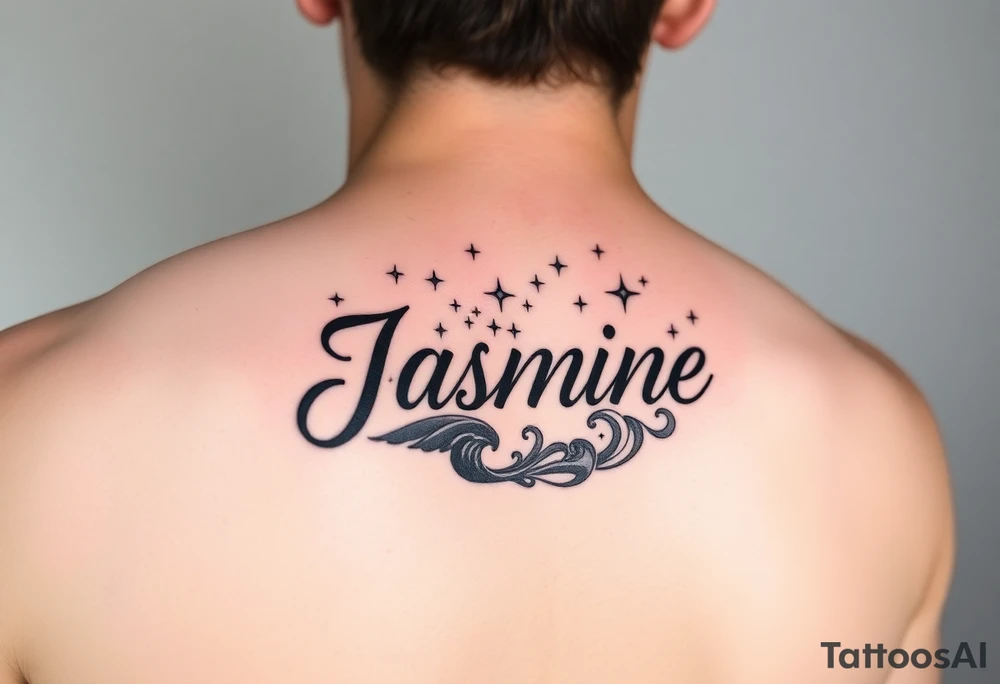 The word Jasmine on inner four arm with waves and stars in the background tattoo idea