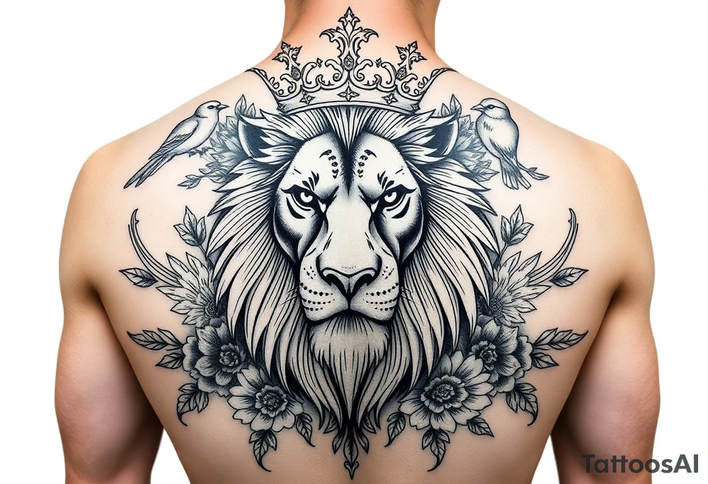 powerful majestic lion with a crown, surrounded by floral ornaments and birds tattoo idea