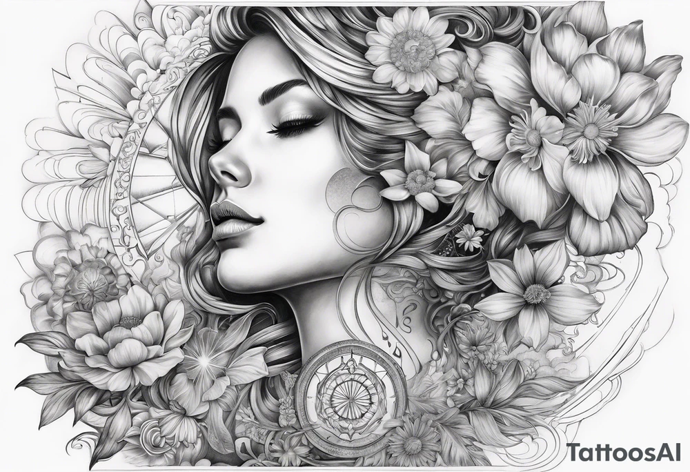 spiritual neck sleeve with stairway to heaven with clouds and rays, cosmo, iris, daisy flower and om symbol on throat
no woman in design tattoo idea