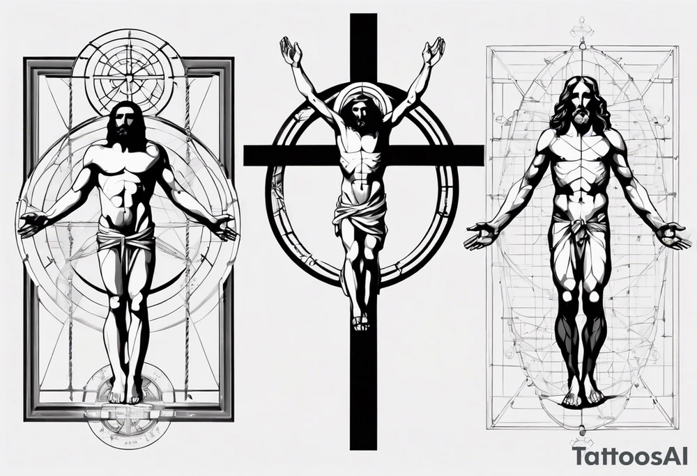 Heavy Geometric with Vitruvian man combined with Jesus on the cross tattoo idea