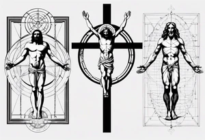 Heavy Geometric with Vitruvian man combined with Jesus on the cross tattoo idea