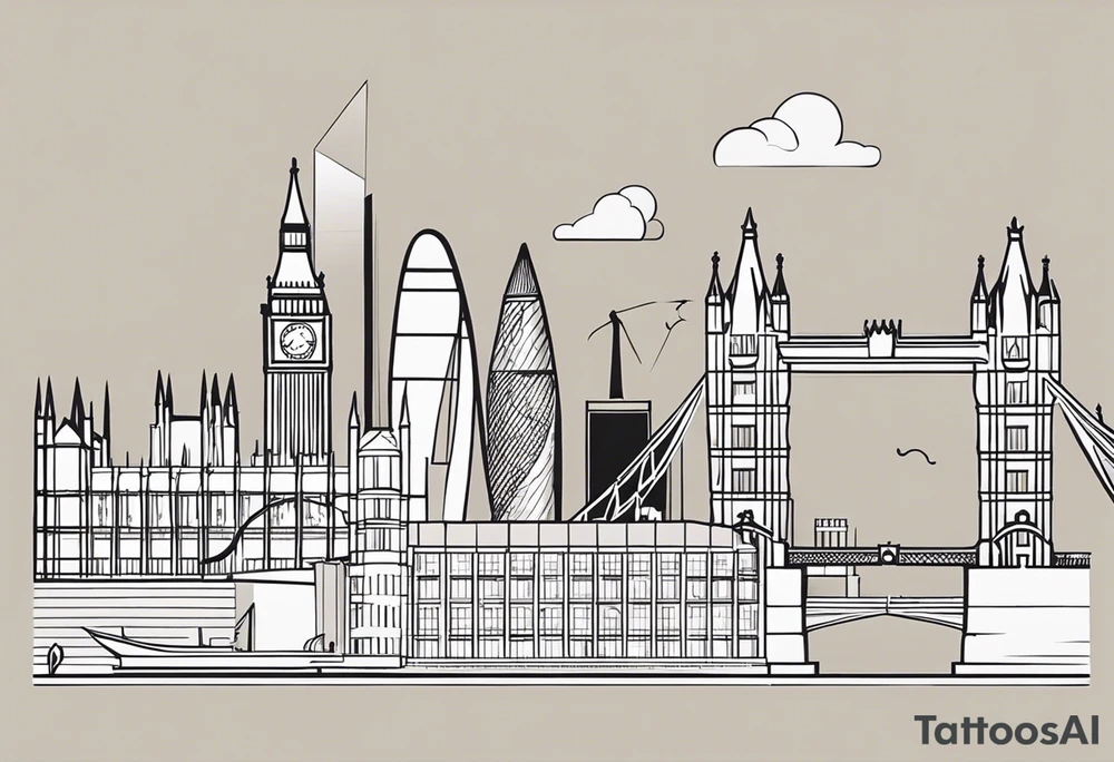 A minimalistic, abstract design capturing the architectural essence and vibe of London. Key elements of London’s skyline and structure are hinted at with clean lines, and subtle detailing includes personal touches, like a nod to Feid’s signature look (hat, glasses, mustache), integrated discreetly to honor a memorable concert experience. tattoo idea