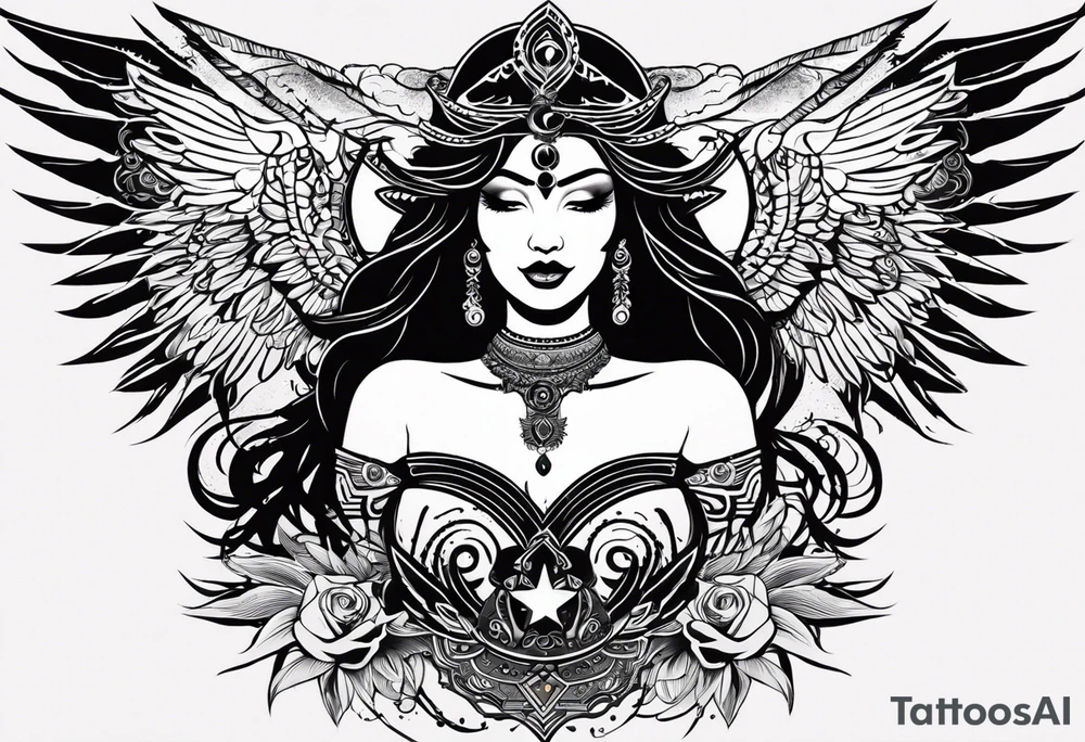 black kali, goddess pirate, alien, angel, pachamama, valkrye, warrior, flying, skull, lotus azul, wing, eagle, zenza resonance, stars, 5D, anahata chakra, death, durga, riding on a tiger, flying lady tattoo idea