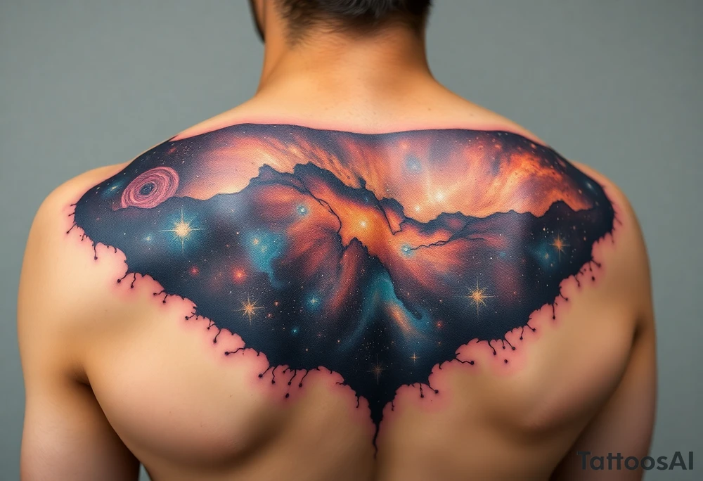 Beautiful and epic 3d milky way that appears to be what is beneath the skin. Make it drape over the shoulder and move to the middle back. use negative spaces to create stars and dust. Incorporate God breathing life into the universe. Keep it symmetrical tattoo idea