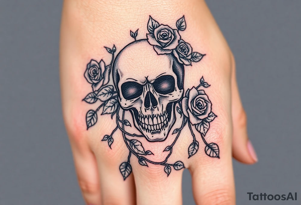 gothic skull intertwined with climbing roses and thorny vines tattoo idea