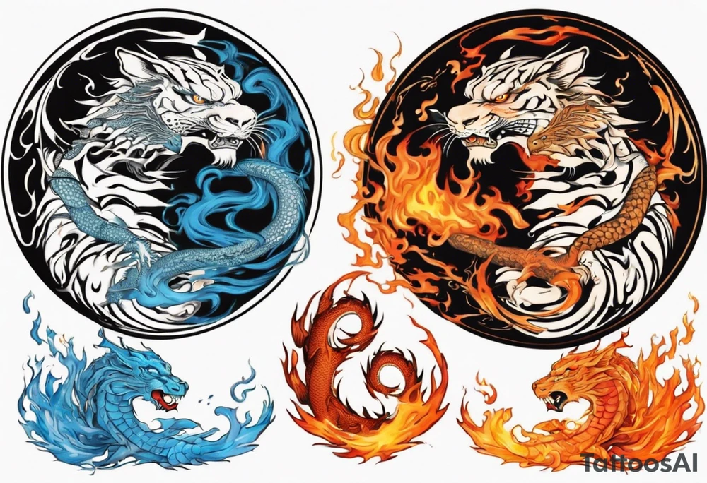 Ying Yang with dragon and tiger surrounding it and fire and water tattoo idea