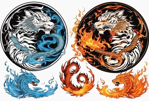 Ying Yang with dragon and tiger surrounding it and fire and water tattoo idea