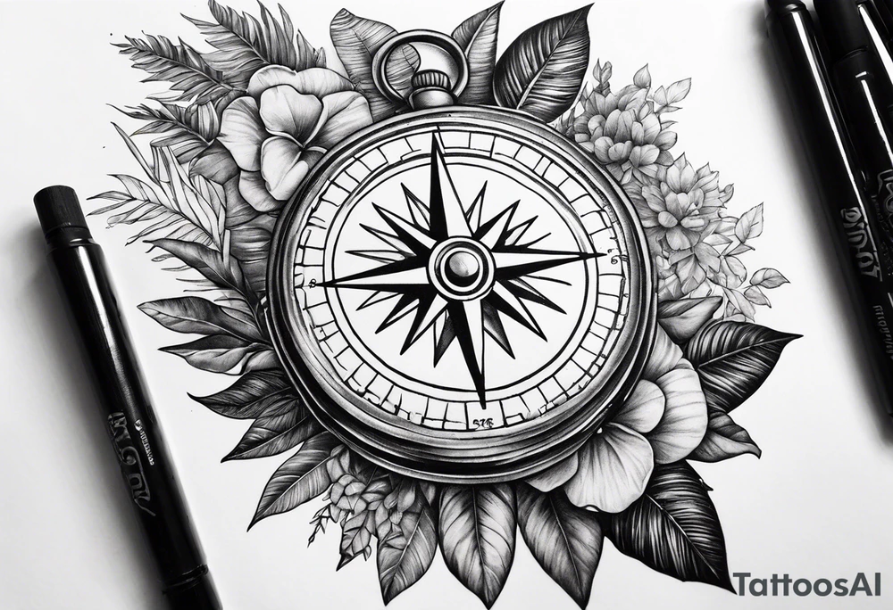 sleeve, jungle plants, compass, all-seeing eye tattoo idea