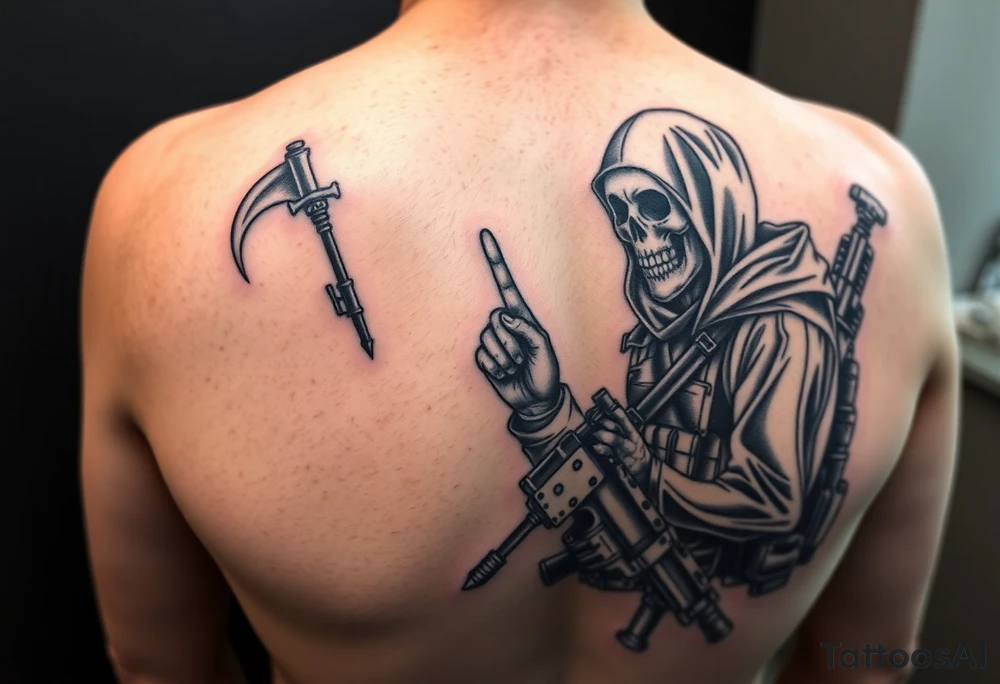 Forearm tattoo , Special forces combat medic treating a soldier while he puts his middle finger up at the grim reaper tattoo idea