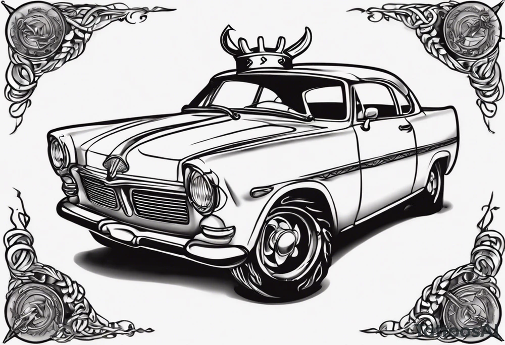 i want a tattoo of a viking and a old classic vintage car  and I want the words “Viking Customs” incorporated into the design tattoo idea