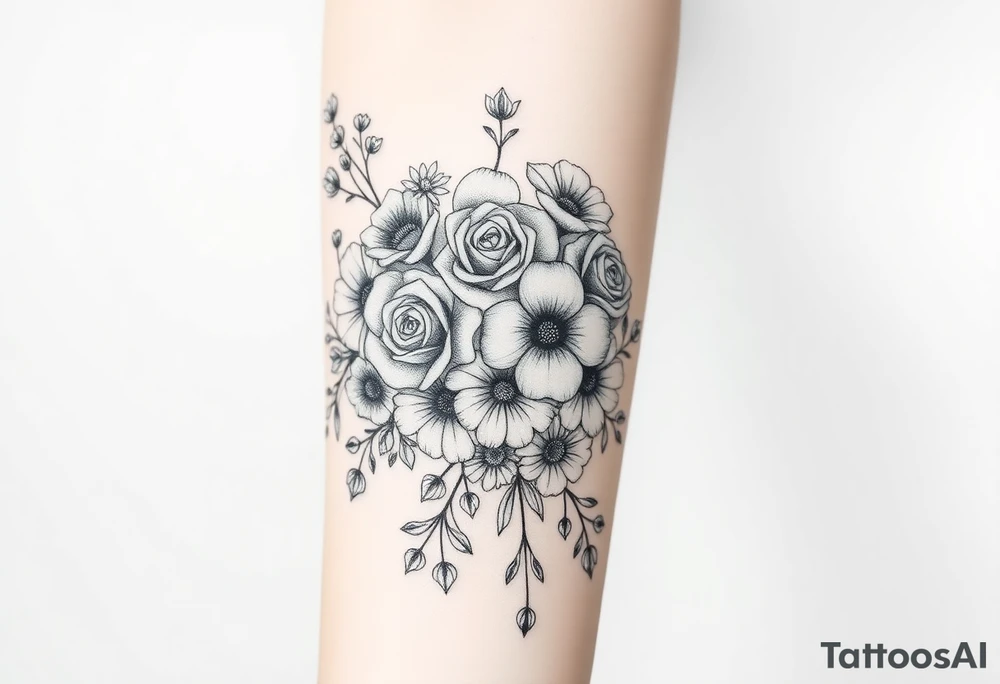 Bouquet of roses, snowdrops, marigolds, asters and gladioli tattoo idea