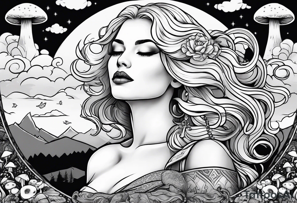 Fat older blonde woman long hair small lips surrounded by mushrooms crescent moon mountains background "GRACEFUL" tattoo idea