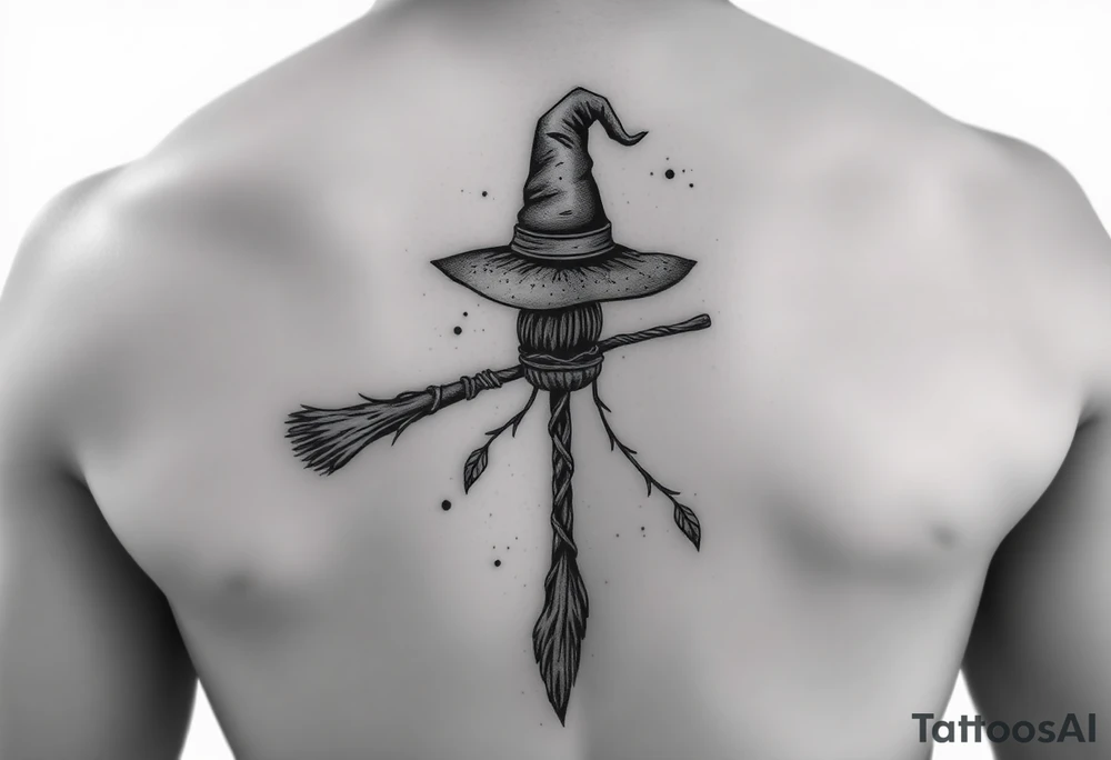 Which is broom with a witches hat with vines and feathers 
Smaller broom with hat placed on top or in the middle
Feminine and on a leg tattoo idea