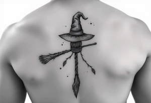 Which is broom with a witches hat with vines and feathers 
Smaller broom with hat placed on top or in the middle
Feminine and on a leg tattoo idea