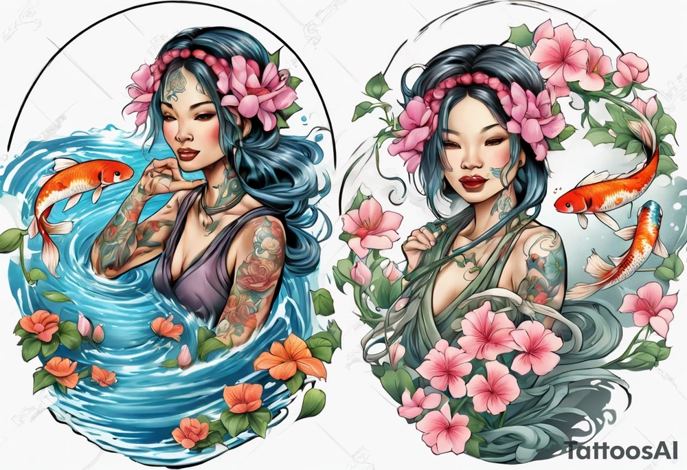 ethnic 
water-bearing woman and two little boys, watering sweet pea flowers cascading down, surrounding a pond with 2 koi fish swimming tattoo idea