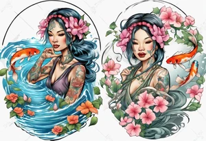 ethnic 
water-bearing woman and two little boys, watering sweet pea flowers cascading down, surrounding a pond with 2 koi fish swimming tattoo idea