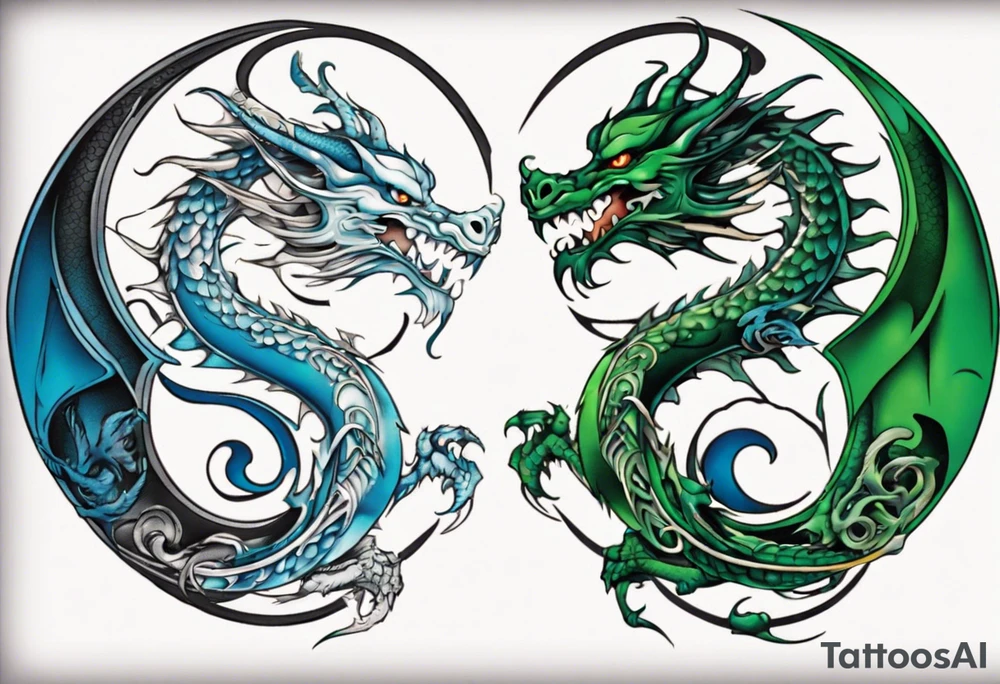 ying yang dragon half blue half green tattoo idea