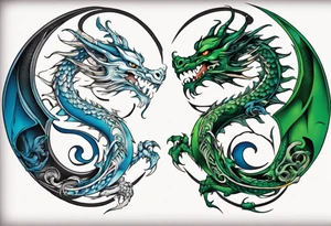 ying yang dragon half blue half green tattoo idea