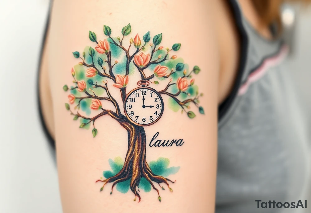 A blooming tree with a clock embedded in its trunk and name "Laura", symbolizing growth and life, in shades of green, brown, and soft golden highlights tattoo idea