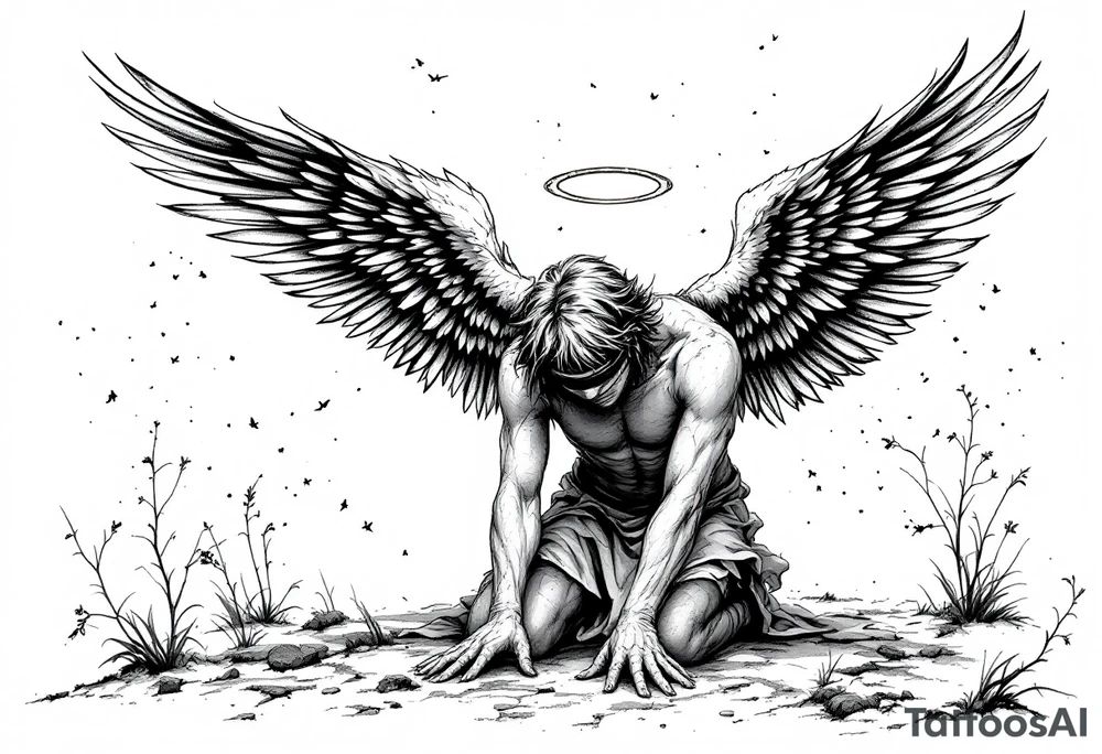 fallen angel on knees down head lookingground, 
Blindfold,
While his grateful half opened wings scattered in the sky,
With shining halo tattoo idea