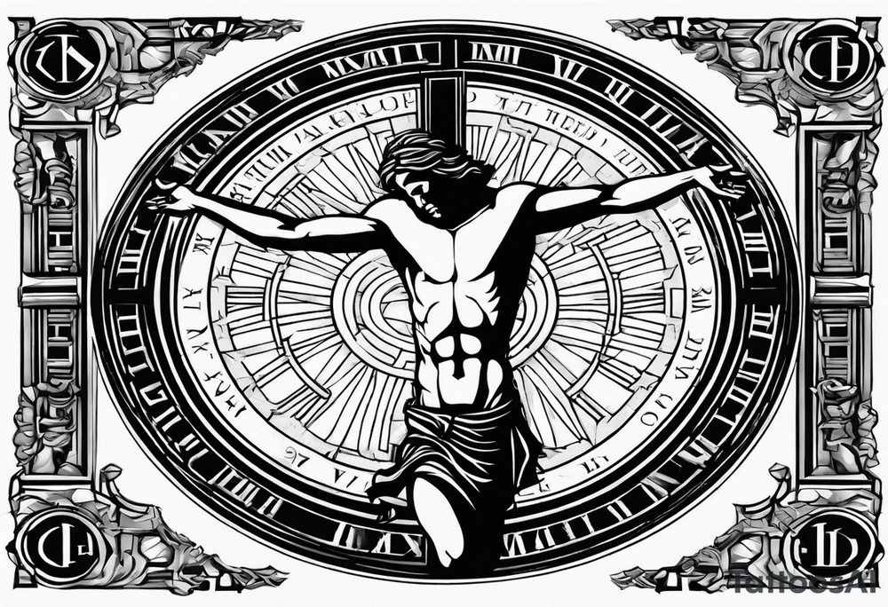 Crucified man inside a circle of Roman numerals with roman numerals on it tattoo idea