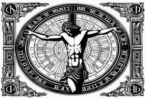 Crucified man inside a circle of Roman numerals with roman numerals on it tattoo idea