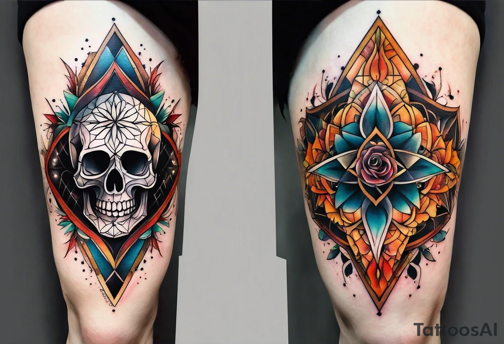 knee tattoo with sacred geometry, skull, swirls & washes in background in fall colors tattoo idea