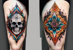 knee tattoo with sacred geometry, skull, swirls & washes in background in fall colors tattoo idea