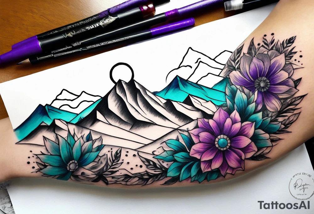 half sleeve tattoo on my shoulder. It features a mountain range, with a compass rose rising up from behind the mountain like a sunrise. In front of the mountains, there are purple and teal flowers. tattoo idea