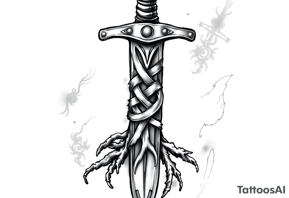 Armband tattoo of a sword with covered in a Celtic knot roots tattoo idea