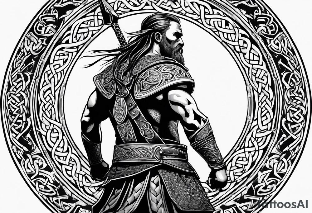 Full body side profile of Celtic warrior walking into battle tattoo idea