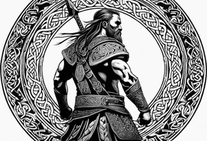 Full body side profile of Celtic warrior walking into battle tattoo idea